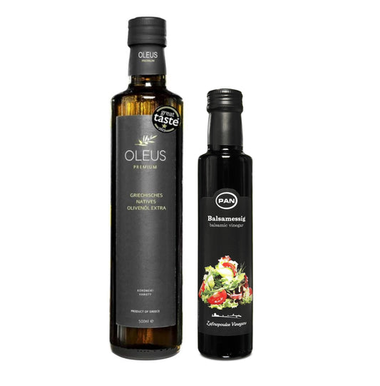 Probierset Öl & Essig, Oleus Griechisches Olivenöl extra nativ 500ml + Balsamico Essig 250ml