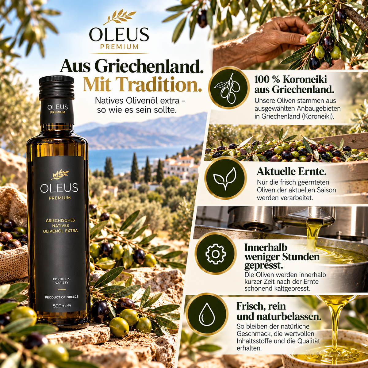 Oleus griechisches Olivenöl extra nativ - AWARD 1 Liter (2x500ml) | ⭐ Beliebte 1L Haushaltsgröße