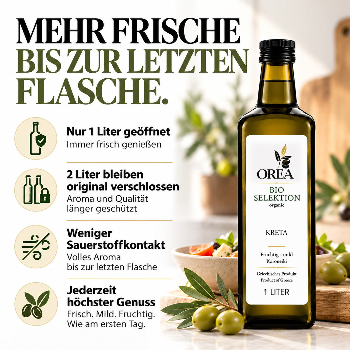 OREA Bio Olivenöl Extra Nativ aus Kreta – 3×1L (Ernte 2025/26) inkl. dunklem Balsamico Essig