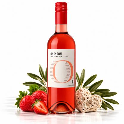 Zacharias OMIKRON Rosé – griechischer Roséwein lieblich 750 ml mit Erdbeeren, Olivenzweigen und herzförmigem Naturstein