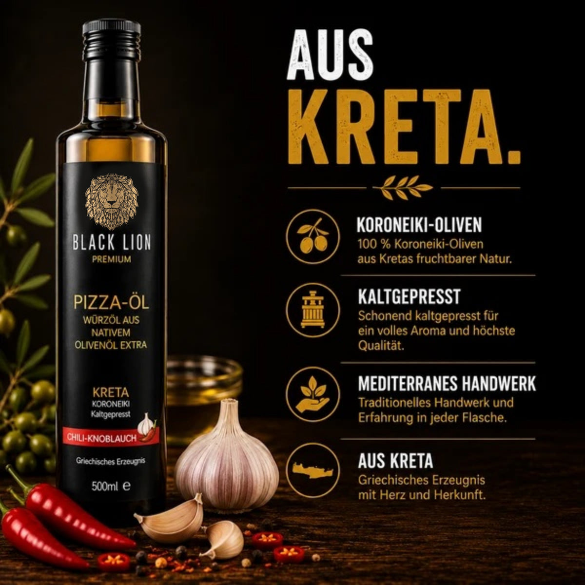 Black Lion Premium Pizzaöl Chili-Knoblauch – Natives Olivenöl Extra – 500 ml