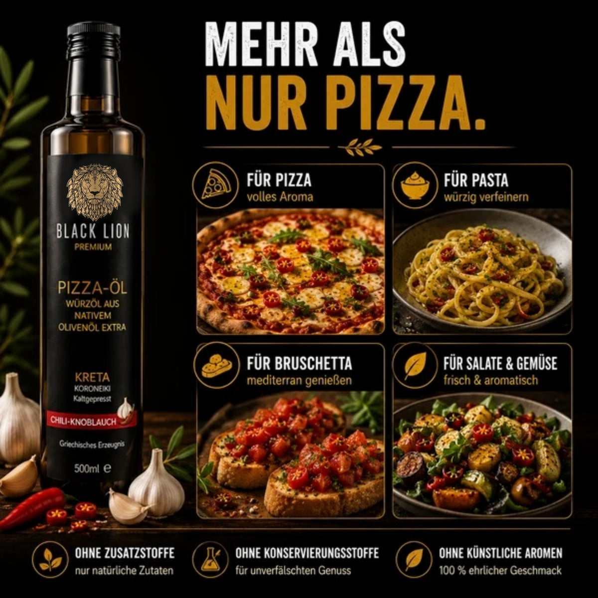 Black Lion Premium Pizzaöl Chili-Knoblauch – Natives Olivenöl Extra – 500 ml