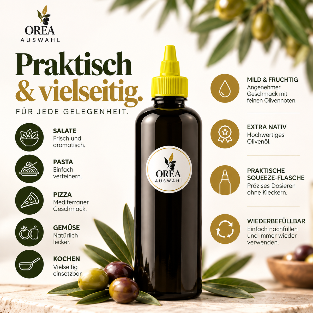 OREA DAILY Olivenöl – Mild-fruchtiges Olivenöl aus Kreta Extra Nativ in Squeeze Flasche 500ml
