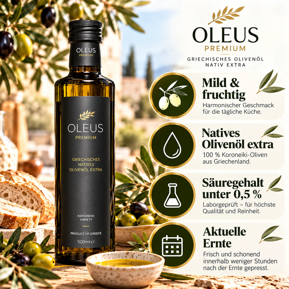 Oleus griechisches Olivenöl extra nativ - AWARD 1 Liter (2x500ml) | ⭐ Beliebte 1L Haushaltsgröße