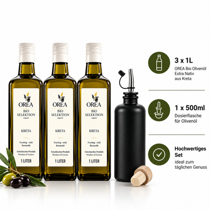 OREA Bio Olivenöl Extra Nativ aus Kreta – 3 x 1L (Ernte 2025/26) inkl. Premium Dosierflasche & Edelstahl-Ausgießer | frisch abgefüllt