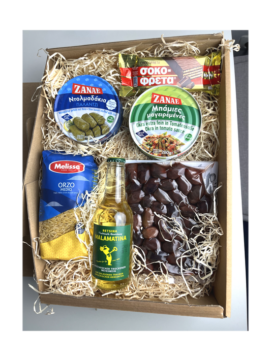 Retsina & More Box, Weichnachten - Geschenk Box, Weingeschenk Präsentkorb  + Grußkarte