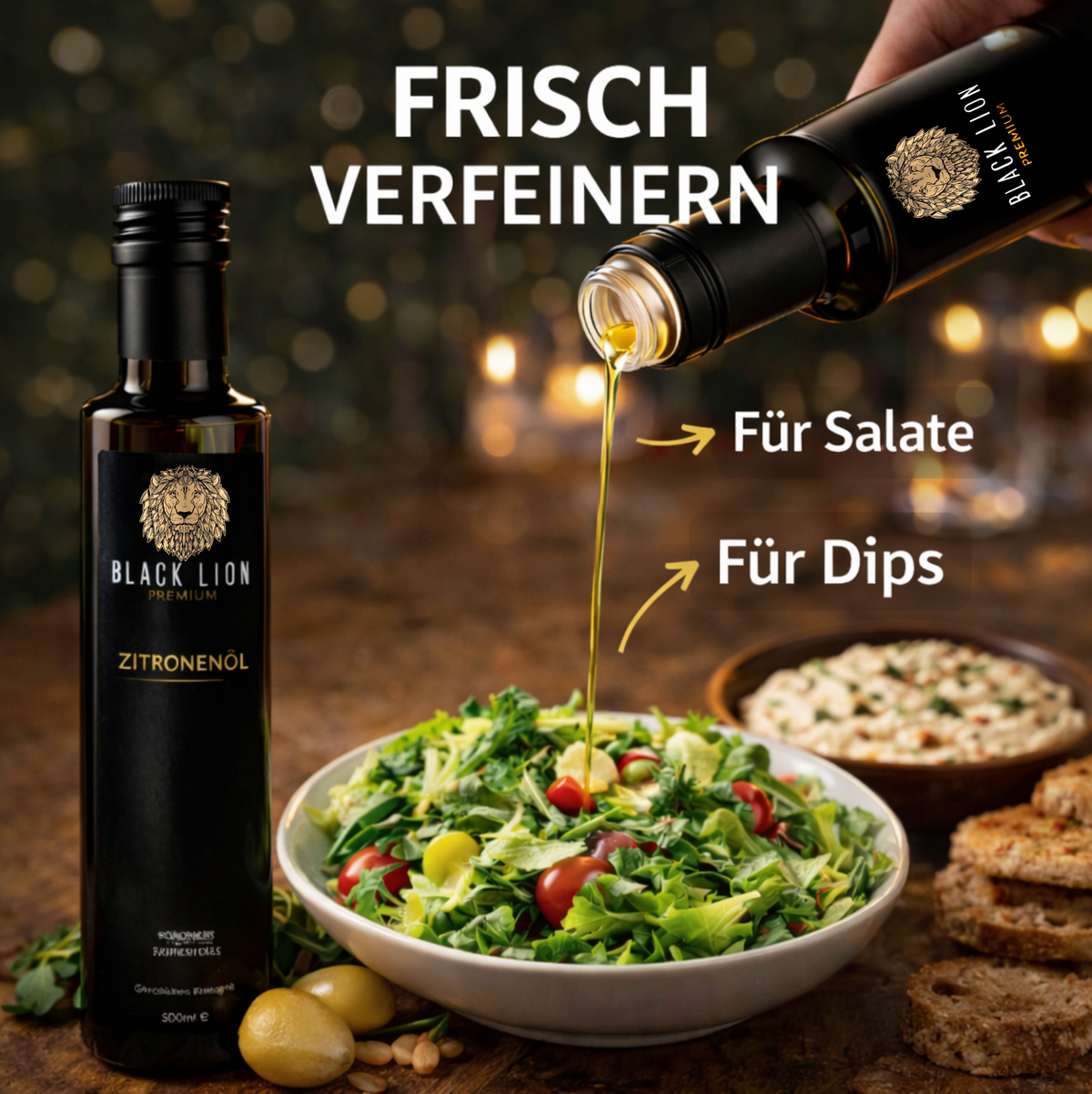 Black Lion Premium Genuss-Set – 4 × 500 ml Olivenöl + 500 ml Squeeze-Flasche | 5er-Set (2,5 L)