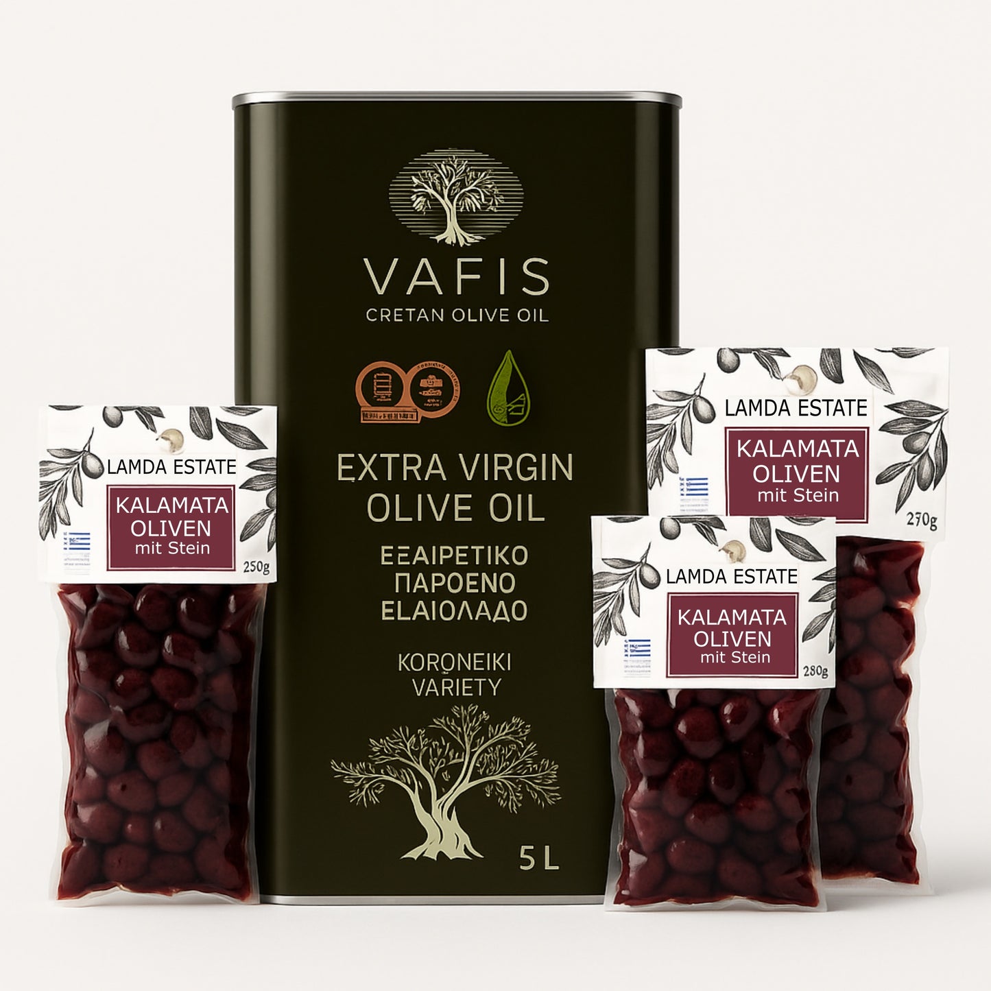 OREA Feinkost – Natives Olivenöl extra 5 L (Kreta, Koroneiki) – Set mit Kalamata-Oliven 3×250 g