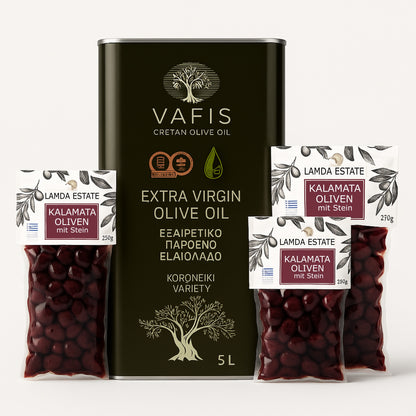 OREA Feinkost – Natives Olivenöl extra 5 L (Kreta, Koroneiki) – Set mit Kalamata-Oliven 3×250 g