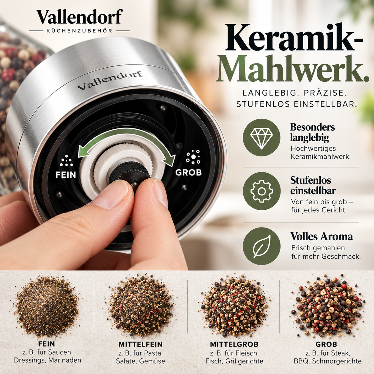 Vallendorf -Salz- & Pfeffermühle im Set – 2in1 Edelstahl Gewürzmühlen mit Keramikmahlwerk, stufenlos & nachfüllbar – Hochwertiges Geschenk
