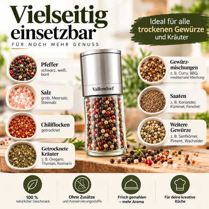 Vallendorf -Salz- & Pfeffermühle im Set – 2in1 Edelstahl Gewürzmühlen mit Keramikmahlwerk, stufenlos & nachfüllbar – Hochwertiges Geschenk