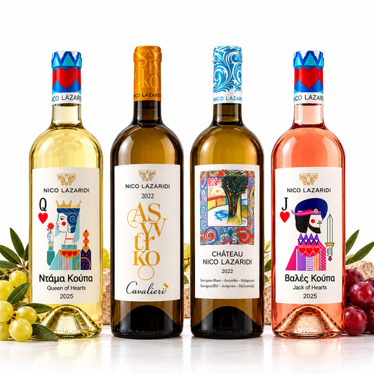 Nico Lazaridi Weinpaket mit 3 griechischen Weißweinen und 1 Rosé – Queen of Hearts, Cavalieri, Château und Jack of Hearts