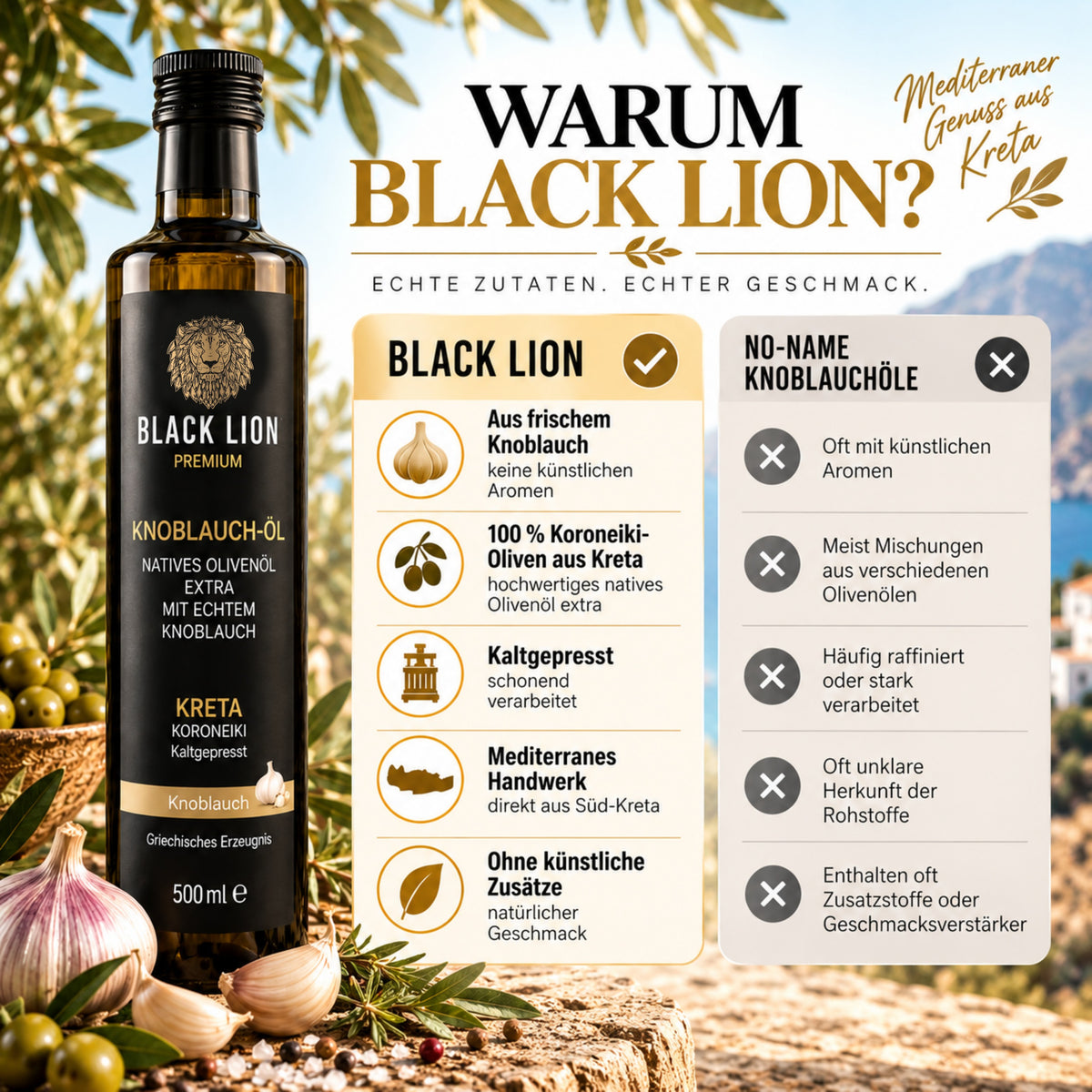 Black Lion Premium Knoblauch-Olivenöl – Natives Olivenöl Extra aus Kreta 500ml
