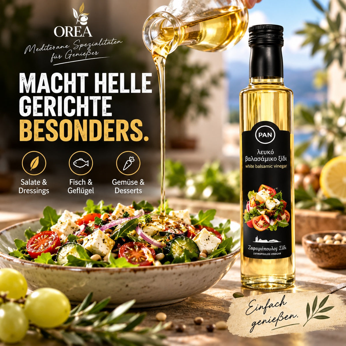 PAN Weißer Balsamico Essig 250ml – Mild & fruchtig, ohne Zuckerzusatz – Ideal für Salate, Fisch & Saucen