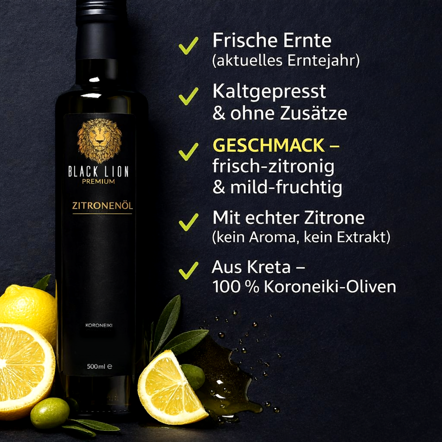 Black Lion Premium Zitronen-Olivenöl extra nativ – Zitronenöl & Würzöl mit echter Zitrone – kaltgepresst – ohne künstliche Zusätze – 500 ml