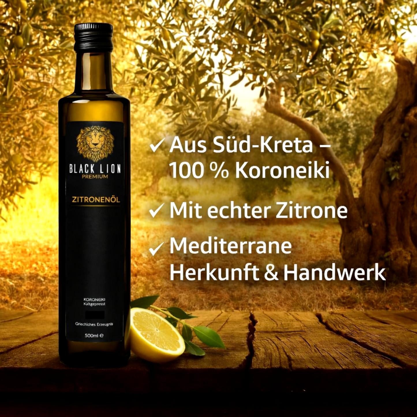Black Lion Premium Zitronen-Olivenöl extra nativ – Zitronenöl & Würzöl mit echter Zitrone – kaltgepresst – ohne künstliche Zusätze – 500 ml