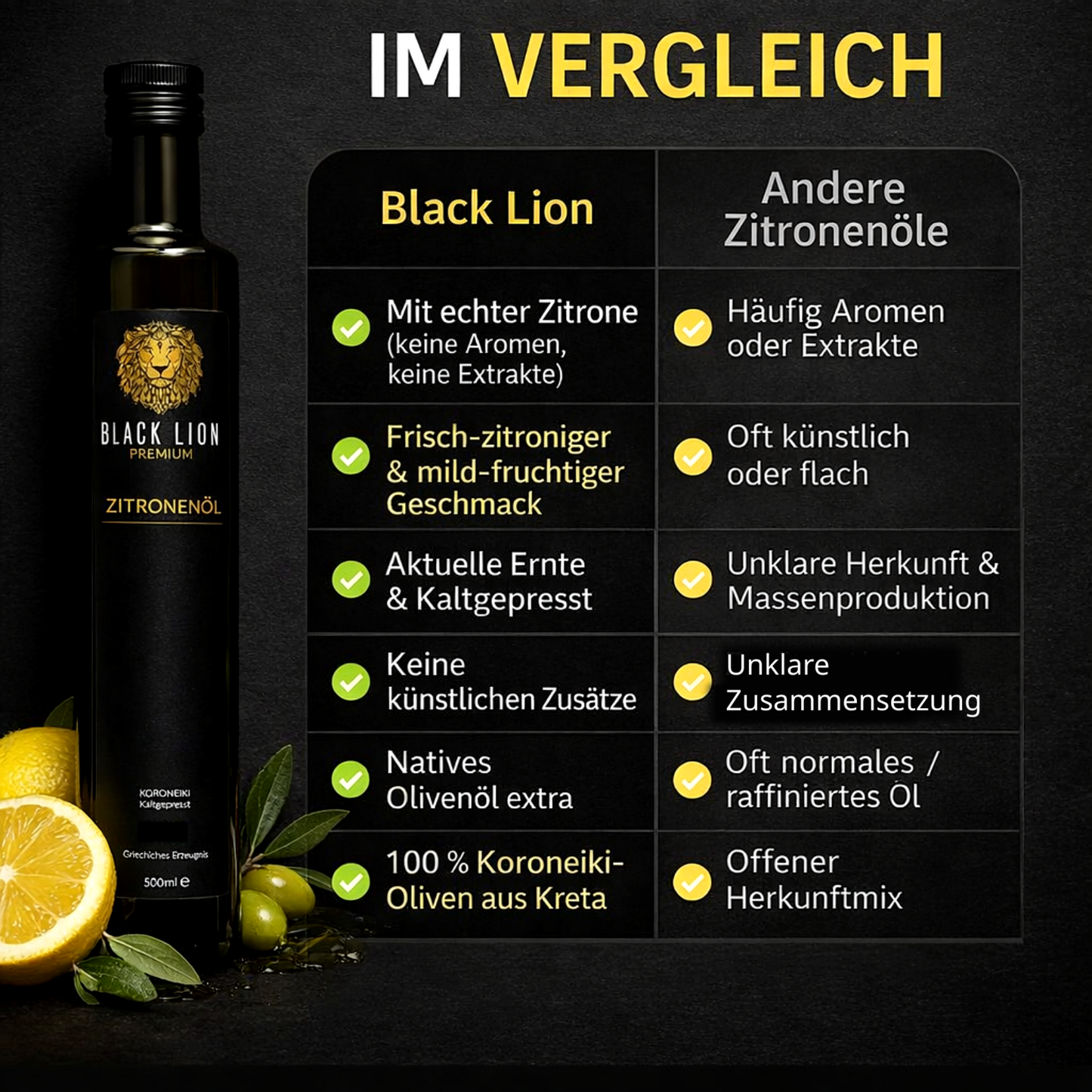 Black Lion Premium Zitronen-Olivenöl extra nativ – Zitronenöl & Würzöl mit echter Zitrone – kaltgepresst – ohne künstliche Zusätze – 500 ml