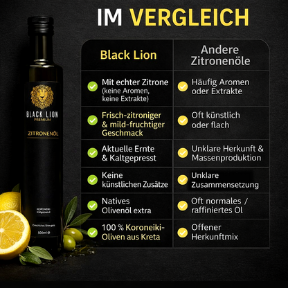 Black Lion Premium Zitronen-Olivenöl extra nativ – Zitronenöl & Würzöl mit echter Zitrone – kaltgepresst – ohne künstliche Zusätze – 500 ml