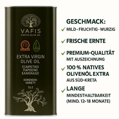 VAFIS Olivenöl 5L – 100 % Koroneiki aus Kreta – Frische Ernte - extra nativ griechisches Olivenöl