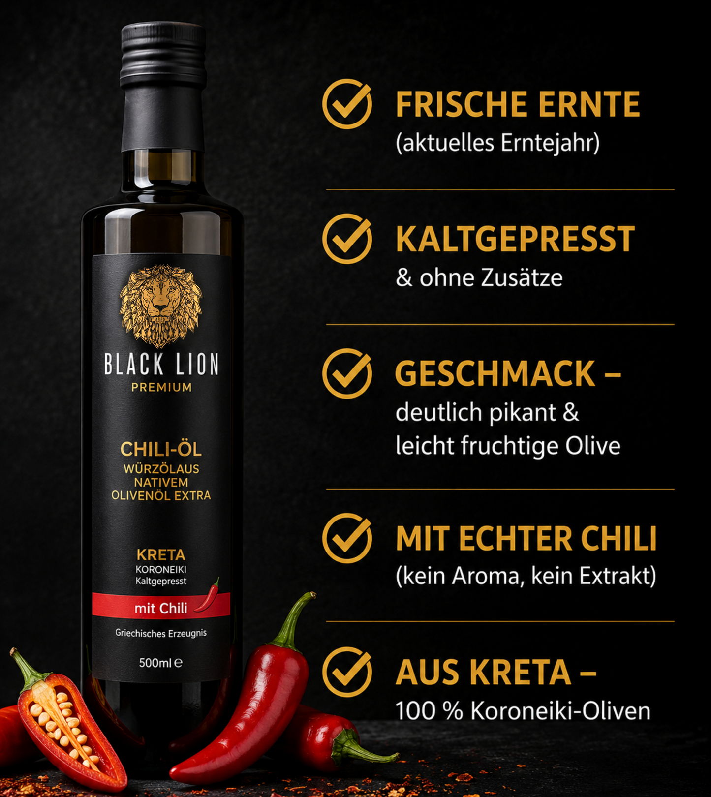 Black Lion Premium Chili-Olivenöl extra nativ – Chili & Würzöl mit echter Chili – kaltgepresst – ohne künstliche Zusätze – 500 ml