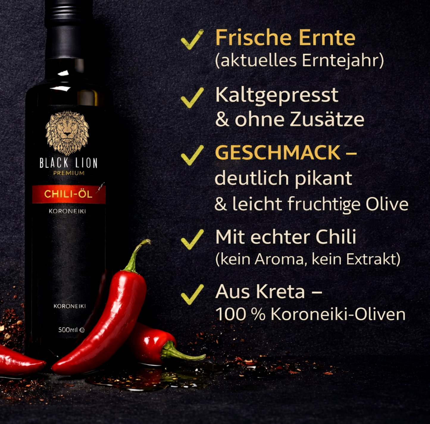 Black Lion Premium Chili-Olivenöl extra nativ – Chili & Würzöl mit echter Chili – kaltgepresst – ohne künstliche Zusätze – 500 ml