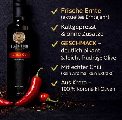 Black Lion Premium Chili-Olivenöl extra nativ – Chili & Würzöl mit echter Chili – kaltgepresst – ohne künstliche Zusätze – 500 ml