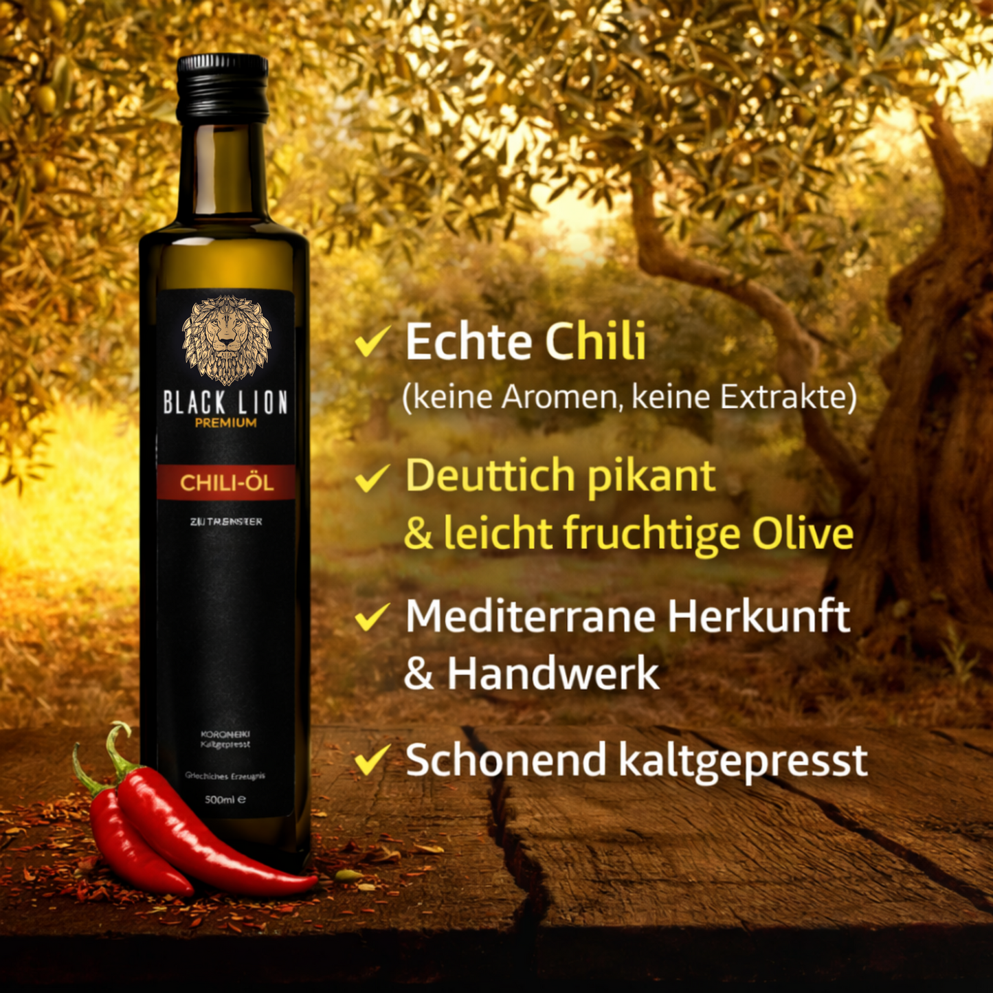 Black Lion Premium Chili-Olivenöl extra nativ – Chili & Würzöl mit echter Chili – kaltgepresst – ohne künstliche Zusätze – 500 ml
