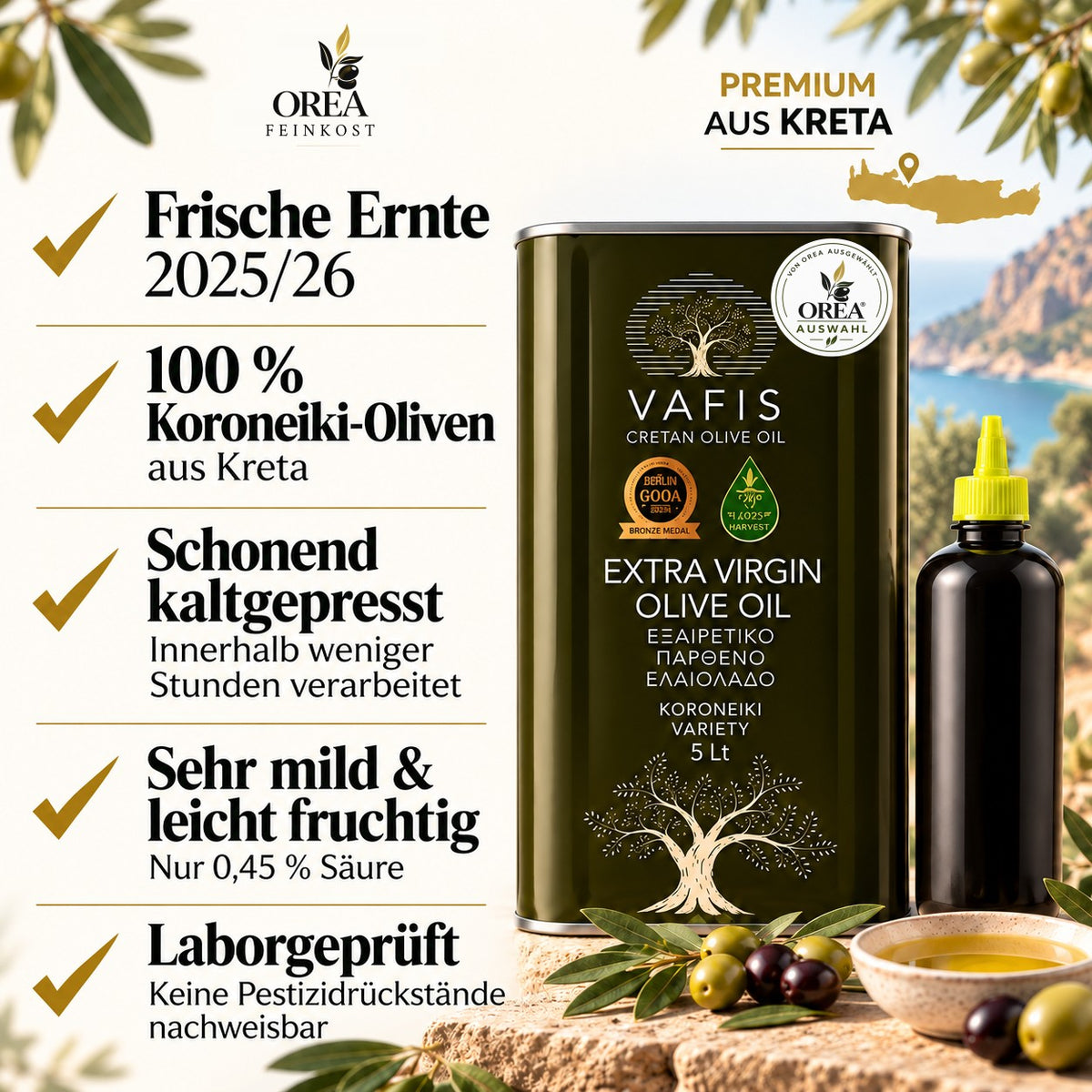 OREA Auswahl – 5L Extra Natives Olivenöl aus Kreta + 500ml Squeeze-Dosierflasche | Vorteilsset Limitiert | Ernte 2025/26