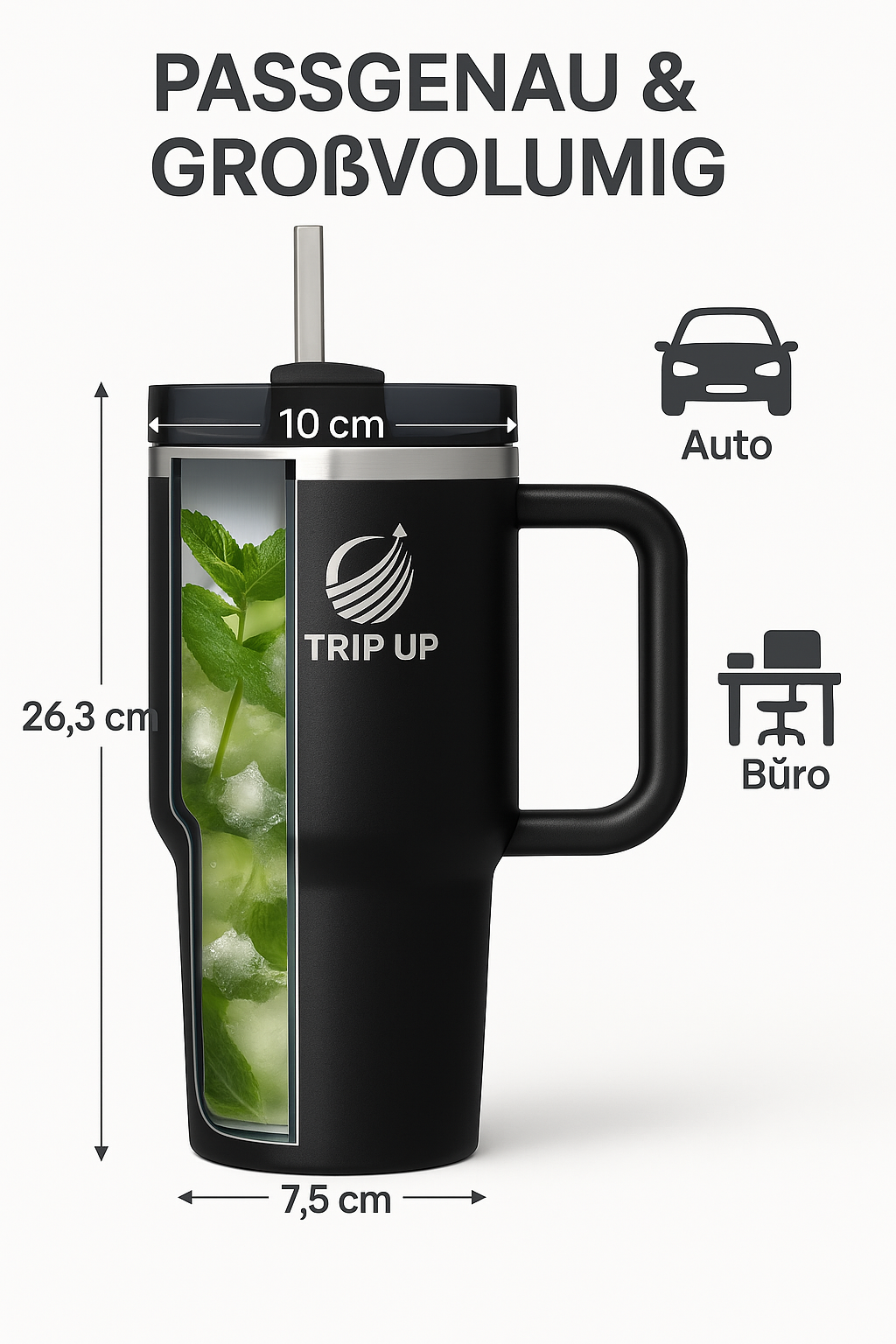 Trip Up Thermobecher Edelstahl, BPA-frei, Spülmaschinenfest, Auslaufsicher 40oz (Jet Black)