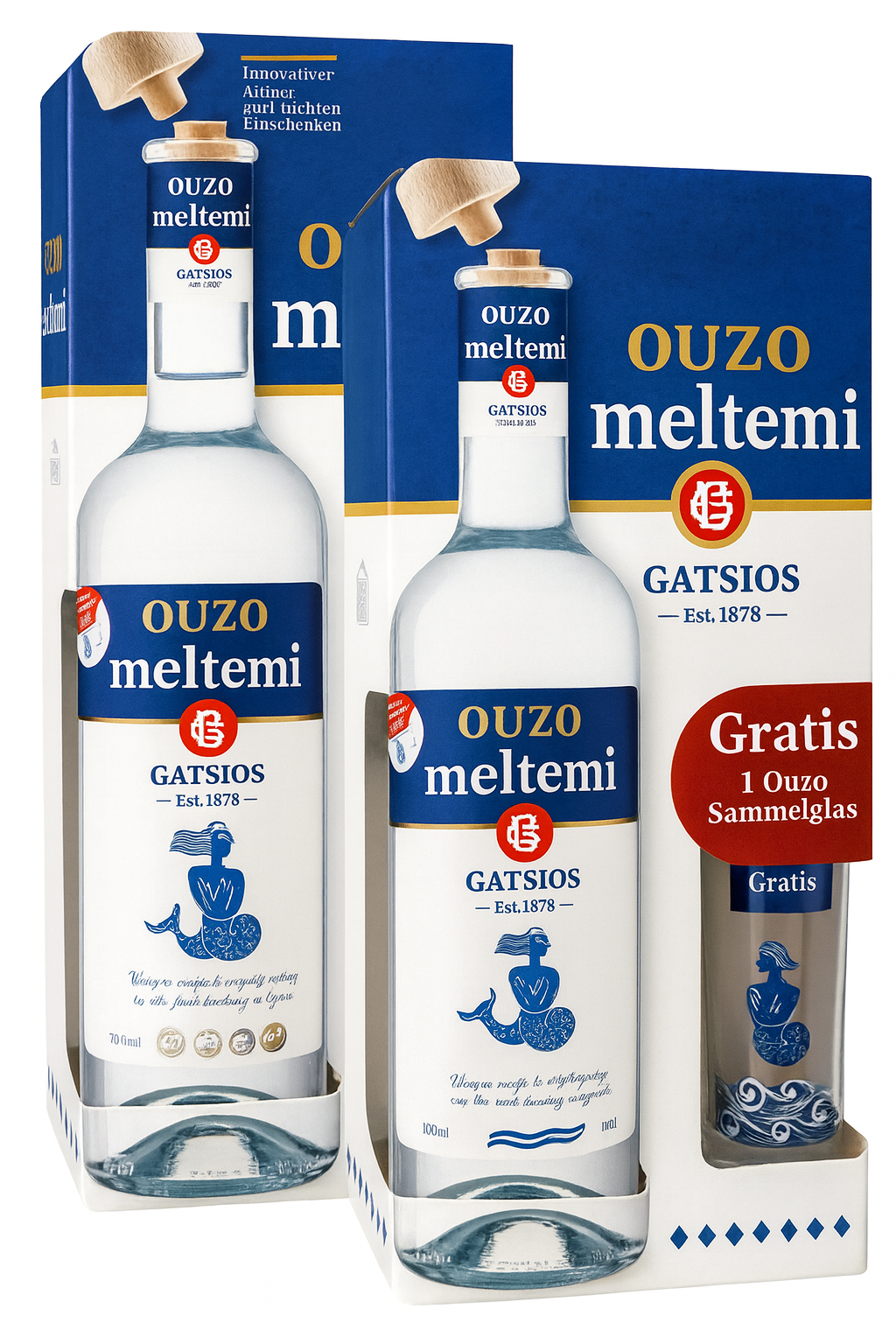 Ouzo Meltemi Gatsios 700ml + Geschenkbox + Ouzo Glas (2x Box)