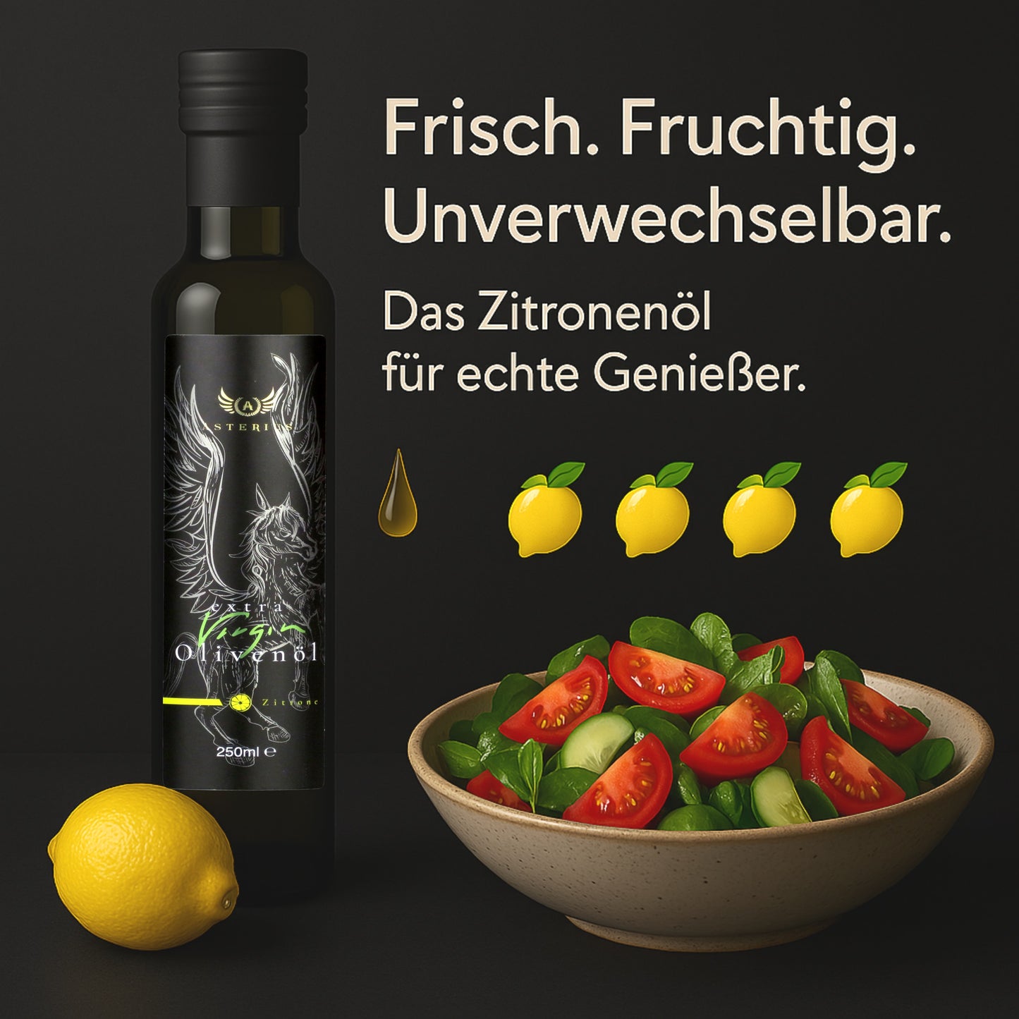 Olivenöl mit Zitrone – Asterius, Premium Würzöl, 250 ml Glasflasche