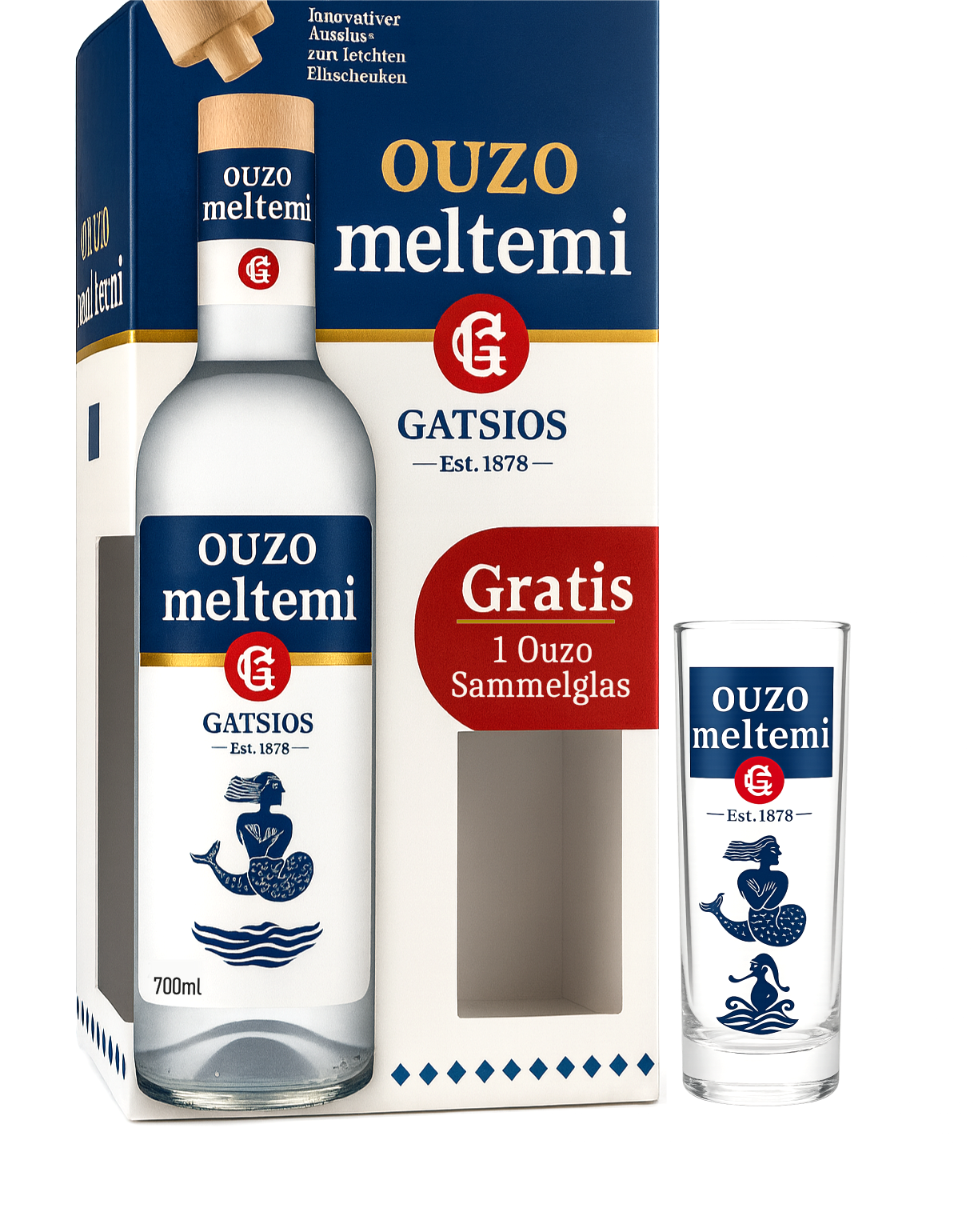 Ouzo Meltemi Gatsios 700ml + Geschenkbox + Ouzo Glas