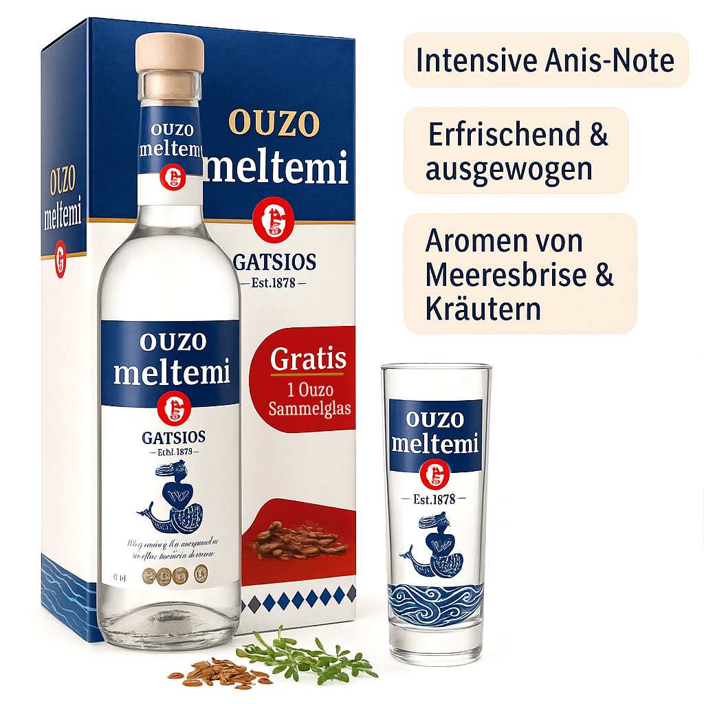 Ouzo Meltemi Gatsios 700ml + Geschenkbox + Ouzo Glas (2x Box)