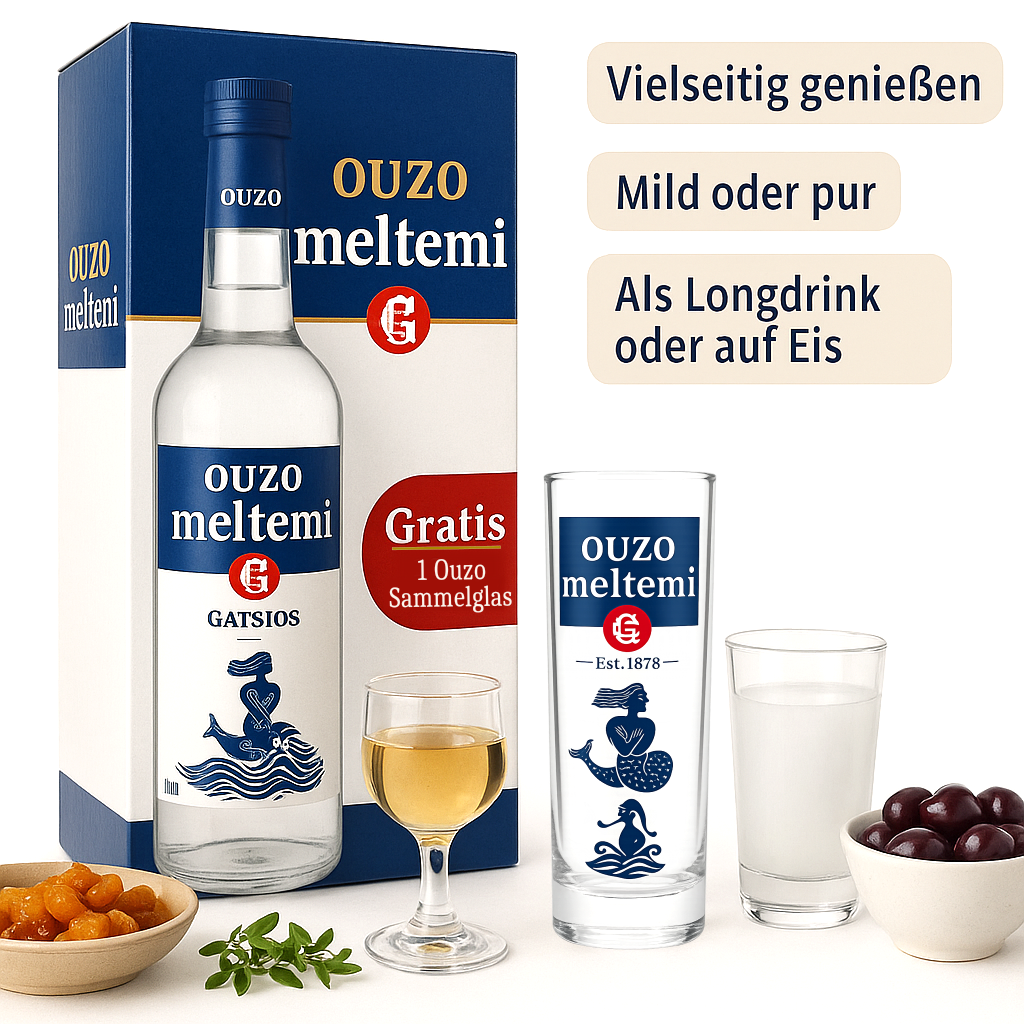 Ouzo Meltemi Gatsios 700ml + Geschenkbox + Ouzo Glas (2x Box)