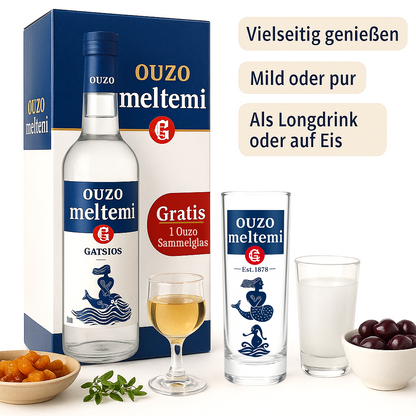 Ouzo Meltemi Gatsios 700ml + Geschenkbox + Ouzo Glas (2x Box)