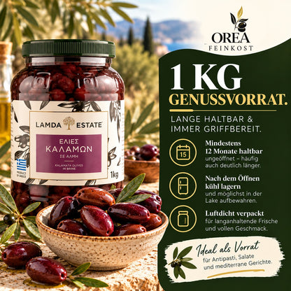 Lamda Estate - Kalamata schwarze griechische Oliven Jumbo (1Kg)