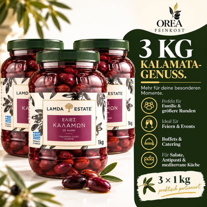 Lamda Estate - Kalamata schwarze griechische Oliven 3x 1Kg