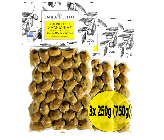 Lamda Estate - grüne griechische Oliven Zitrone - Oregano 3x250g (750g)