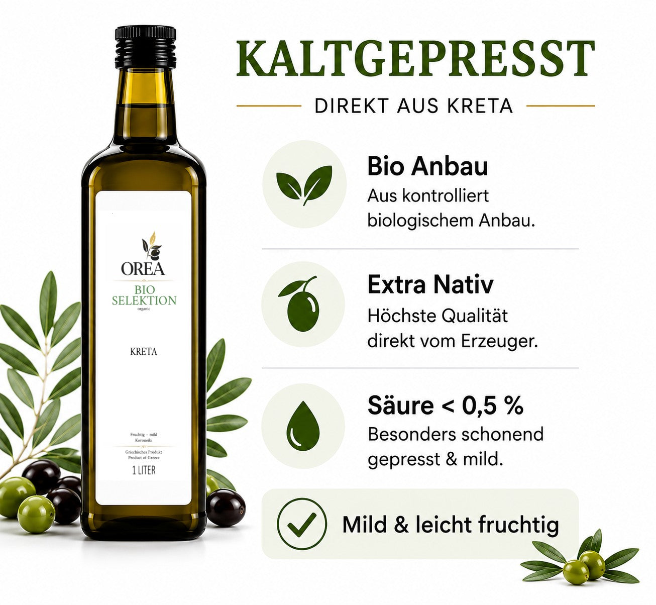 OREA Bio Olivenöl Extra Nativ aus Kreta – 1L Koroneiki (Ernte 2025/26) | Frisch abgefüllt