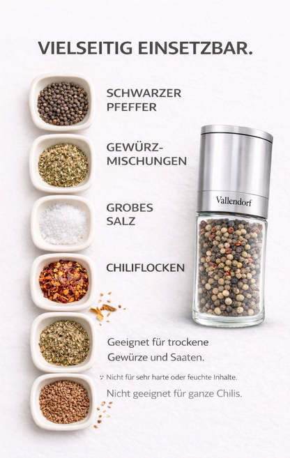 Vallendorf -Salz- & Pfeffermühle im Set – 2in1 Edelstahl Gewürzmühlen mit Keramikmahlwerk, stufenlos & nachfüllbar – Hochwertiges Geschenk
