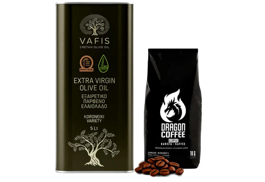 Genuss-Bundle: VAFIS Olivenöl 5L + Dragon Kaffeebohnen Barista 1kg – Premium-Qualität aus Kreta & Italien