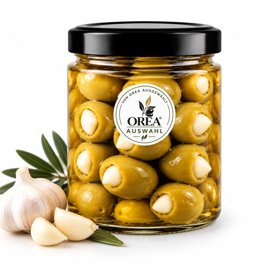 OREA Oliven-Auswahl – Grüne Chalkidiki Oliven mit Knoblauch aus Griechenland