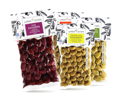 Lamda Estate – Griechisches Oliven Probierpaket 1kg | Neue Ernte 2025, Kalamata & Grüne Oliven