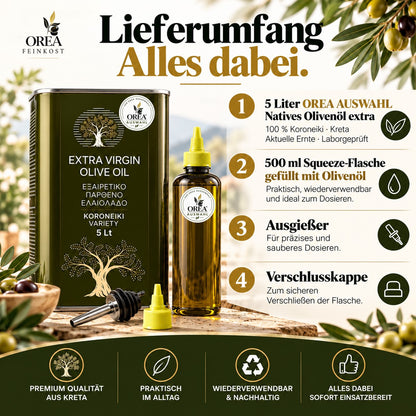 OREA Auswahl – 5L Extra Natives Olivenöl aus Kreta + 500ml Squeeze-Dosierflasche | Vorteilsset Limitiert | Ernte 2025/26
