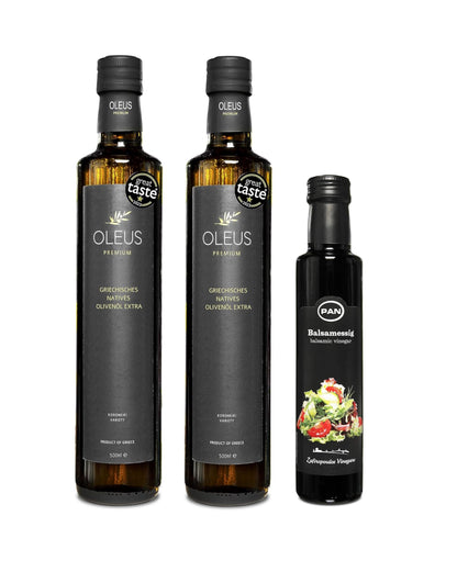 Oleus griechisches extra natives Olivenöl 2x500ml + Balsamico 250ml - Limitierte Vorbestellung: Frisches Olivenöl in 1-3 Wochen geliefert