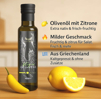 Olivenöl mit Zitrone – Asterius, Premium Würzöl, 250 ml Glasflasche