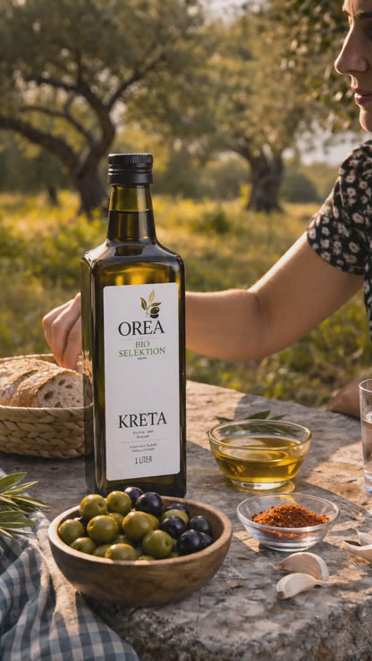 OREA Bio Olivenöl Extra Nativ aus Kreta – 3×1L (Ernte 2025/26) inkl. dunklem Balsamico Essig
