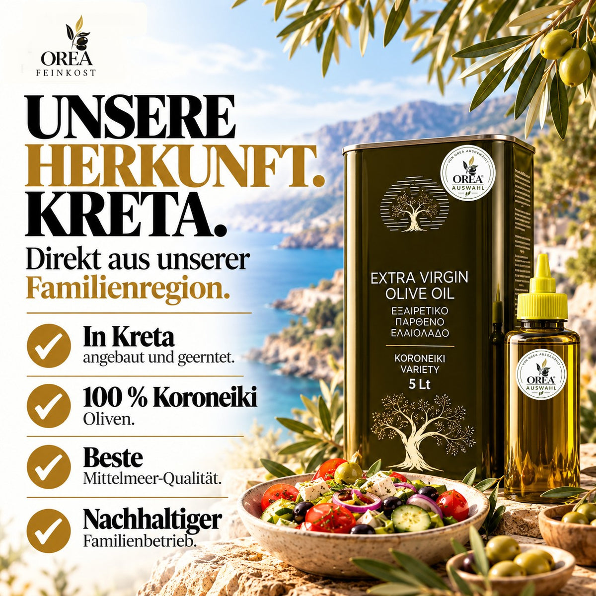 OREA Auswahl – 5L Extra Natives Olivenöl aus Kreta + 500ml Squeeze-Dosierflasche | Vorteilsset Limitiert | Ernte 2025/26
