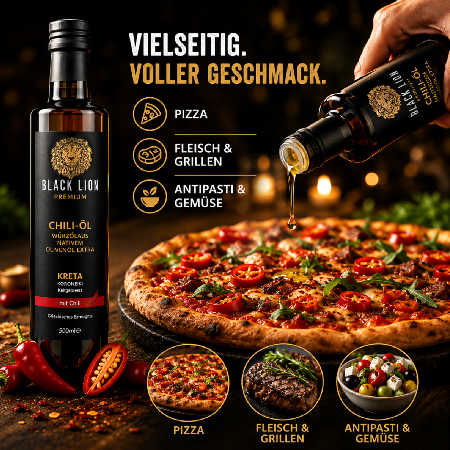 Black Lion Premium Chili-Olivenöl extra nativ – Chili & Würzöl mit echter Chili – kaltgepresst – ohne künstliche Zusätze – 500 ml