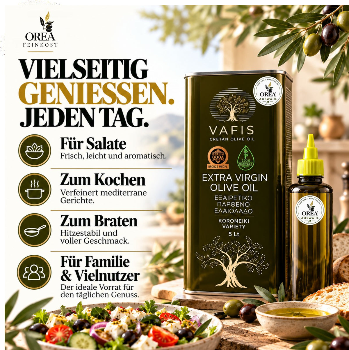 OREA Auswahl – 5L Extra Natives Olivenöl aus Kreta + 500ml Squeeze-Dosierflasche | Vorteilsset Limitiert | Ernte 2025/26